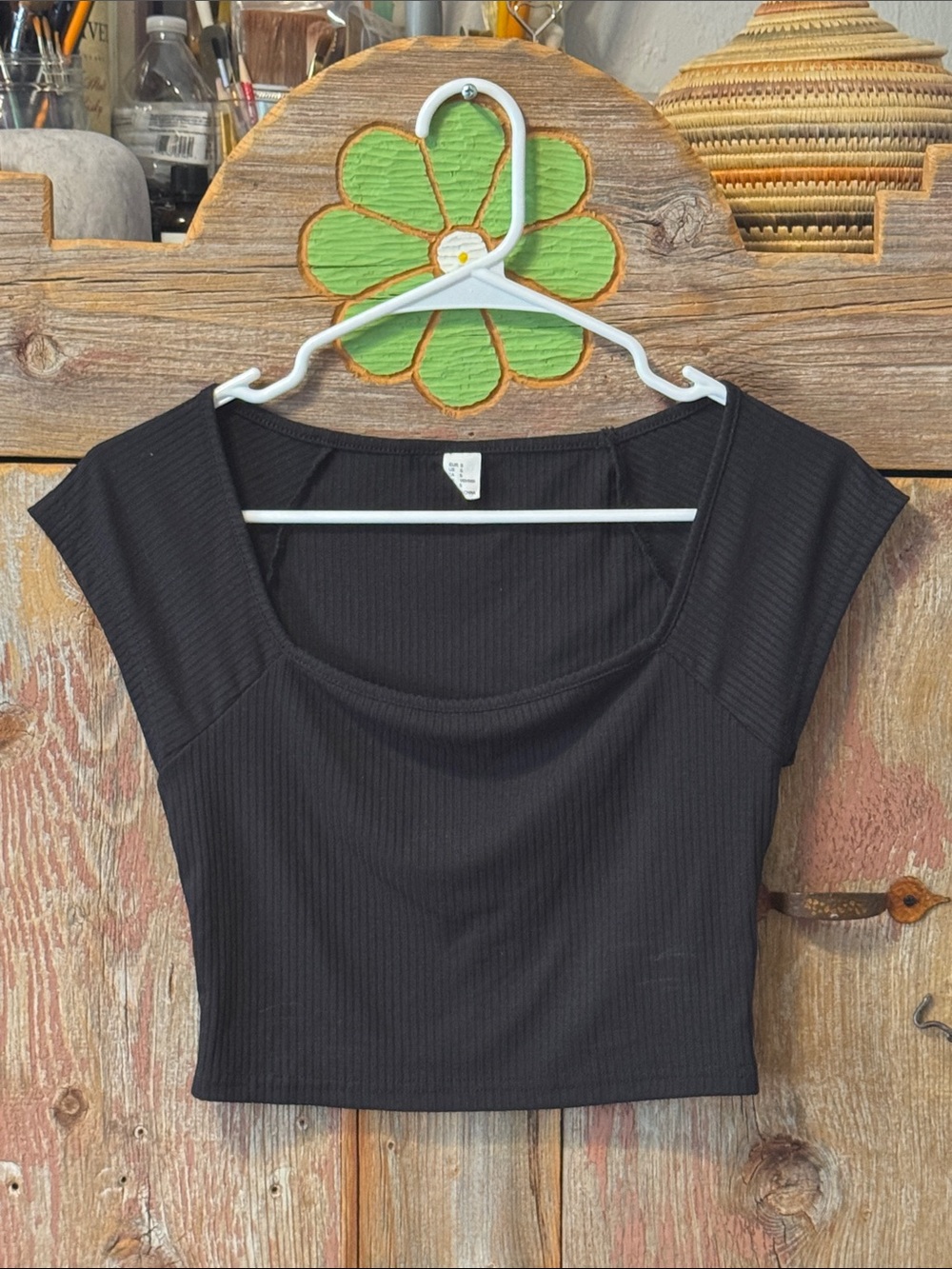 H & M Black Ribbed Scoop Neck Crop Top - Women small